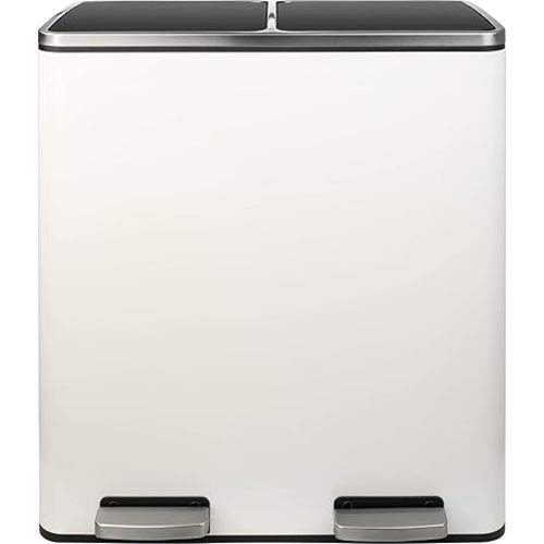 AthLike 60L(16 Gal) Dual Trash Can, Stainless Steel Kitchen Garbage Can, Double Compartment Classified Rubbish Bin, Recycle Dustbin w/Plastic Inner Buckets, Soft-Close Lid, Airtight, White