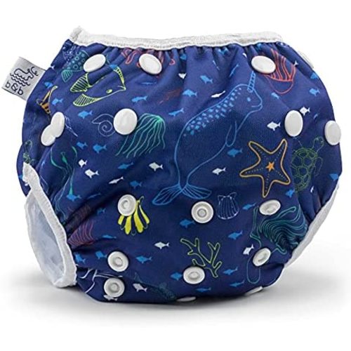 Nageuret Reusable Swim Diaper, Adjustable & Stylish Fits Diapers Sizes N-5 (8-36lbs) Ultra Premium Quality for Eco-Friendly Baby Shower Gifts & Swimming Lessons (Sea Friends)