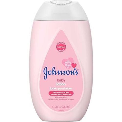Johnson's Moisturizing Mild Pink Baby Lotion with Coconut Oil for Delicate Baby Skin, Dye-Free, Hypoallergenic & Dermatologist-Tested, Baby Skin Care, 13.6 fl. oz