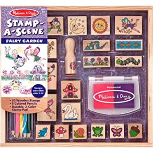 Melissa & Doug Stamp-a-Scene Stamp Pad: Fairy Garden - 20 Wooden Stamps, 5 Colored Pencils, and 2-Color Stamp Pad