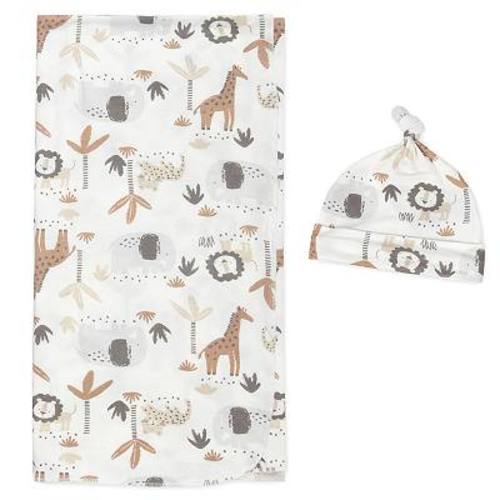 Baby Essentials Super Soft Safari Swaddle Blanket and Hat Set