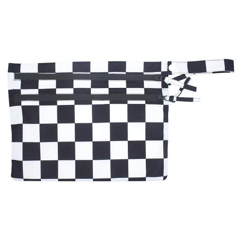 BapronBaby Black Checkerboard Wet Dry Bag - Waterproof Two Zipper Pockets - Reusable for Mealtime, Diapers, Stroller, Snacks, Swimsuits - Machine Washable - 11" x 9"