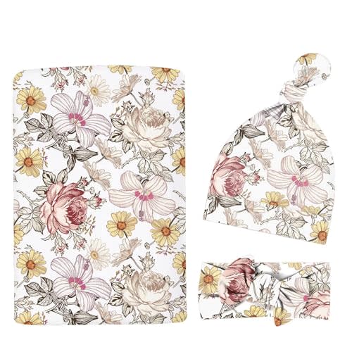 Newborn Swaddle Set with Matching Headband Hat and Bow Set Floral Baby Girl Newborn Receiving Blankets Baby Swaddle Nursery Wildflower Baby Blanket