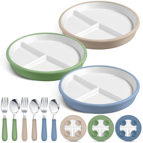 3 Pack 8" Large Porcelain Toddler Plates Feeding Set, Ceramic Kids Suction Plates with Anti Slip Silicone Sleeve for Baby 3 Spoons and Forks Divided Kids (Blue,Green,Beige)
