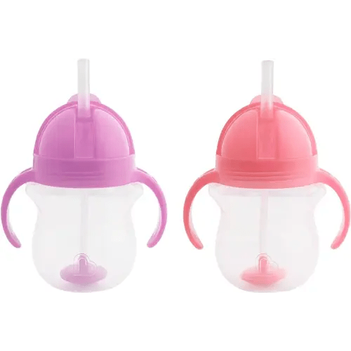 Munchkin® Any Angle™ Weighted Straw Trainer Sippy Cup with Click Lock™ Spill Proof Lid, 7 Ounce, 2 Pack, Pink/Purple