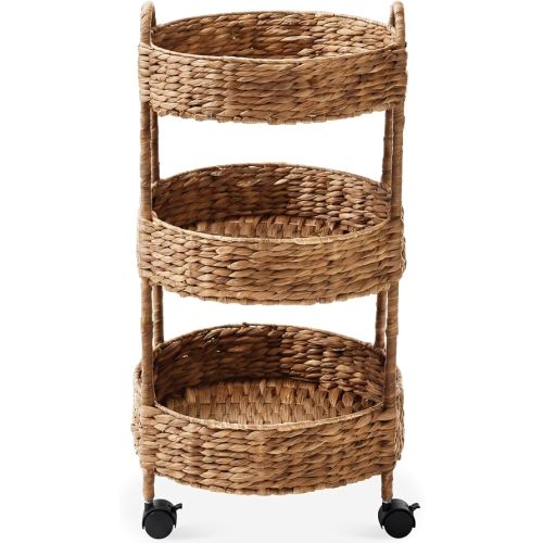 Best Choice Products 3-Tier Round Rolling Nursery Caddy w/Wheels, Handwoven Utility Cart, Storage Organization for Bathroom, Craft Room, Laundry Room - Chestnut