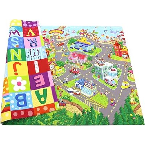 Baby Care Play Mat (Medium, Playful - Zoo Town) 73’’ x 49’’ Original One-Piece Reversible Rollable Waterproof Play Mat for Infants, Babies, Toddler, and Kids