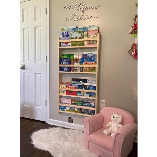 Handmade Solidwood Wall Mounted Montessori Kids Bookshelf, 4 Tier Book Display for Children Bedroom, Nursery Furniture Bookcase, Solid Wood Pine Tree Book Organiser for Living Room (Natural)