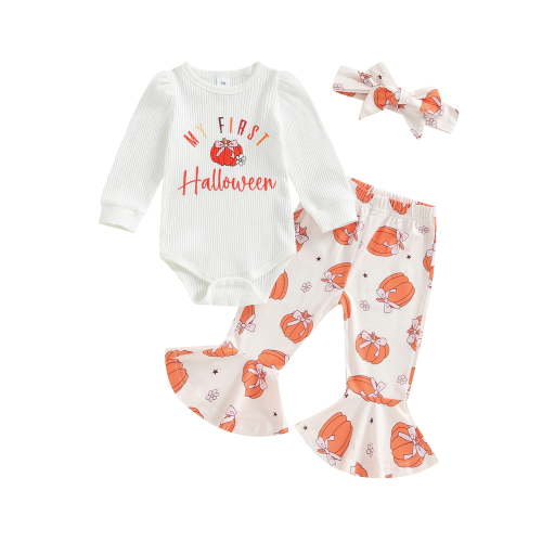 Baby Girl 3Pcs Set Halloween Outfits Long Sleeve Romper Pants and Headband Set Cute Holiday Clothes