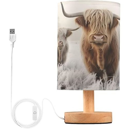 Cool Highland Cow Bedside Table Lamp - USB Small Nightstand Lamp, Wood Base LED Desk Light for Bedroom,Living Room, Office Desk