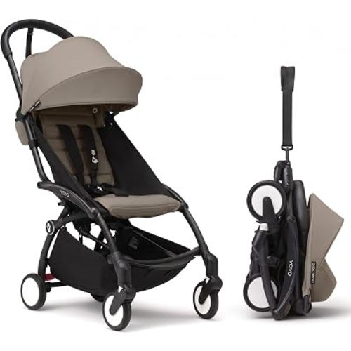 Stokke YOYO3 Stroller from 6 Months - Includes Black Frame/Taupe Seat Cushion + Canopy - Folds in & Out in a Flash - Light & Compact - Carry-On Compatible