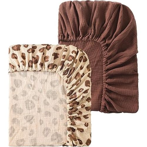 Baby Crib Sheets 2 PCS, 100% Organic Cotton Fitted Crib Sheet for Standard Crib Mattress (52"x28"), Soft and Breathable for Girl and Boy, Leopard Print, Khaki