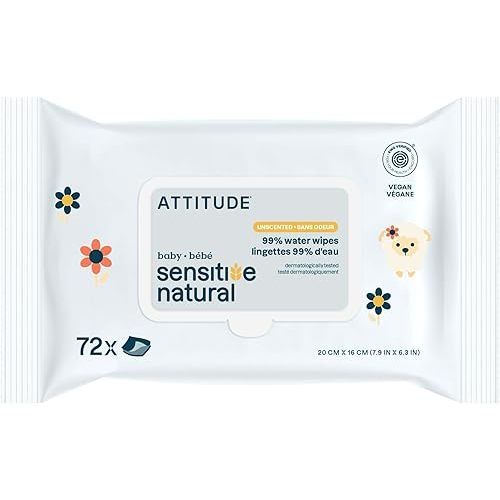 ATTITUDE Baby Wipes Unscented, For Sensitive Skin with Oat, Natural Origin, Dermatollogically Tested​, For Babies, Toddlers & Kids, Chamomile Extract, EWG Verified​, 72 Count