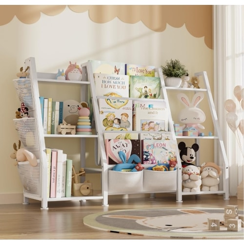 Kids Bookshelf Large Storage Bookcase: 3-Tier Book Sling Shelf Toy Organizer for Toddler - Display Rack with 3 Pockets for Kids Rooms, Bedroom, Playroom, Nursery (White, Wood + Metal)