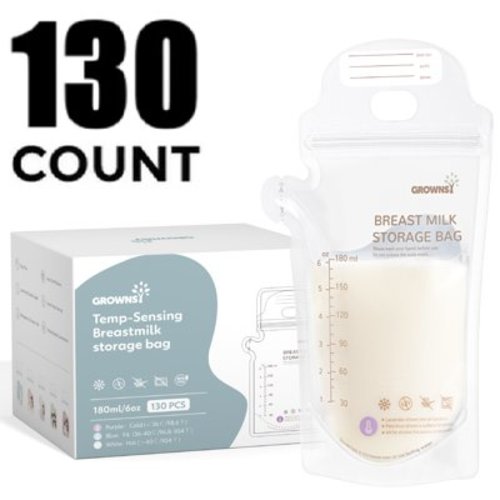 Grownsy 130 Ct Breastmilk Freezer Storage Bags, Leak Proof, Temp-Sensing, BPA-Free, White for Baby