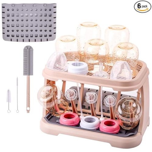 Baby Bottle Drying Rack with Brush & Dishwasher Basket - Space Saving Standing Drying Rack for Baby Bottles, Pump Parts & Accessories, Compact Organizer Holds Up to 8 Bottles (Pink Lotus Root)