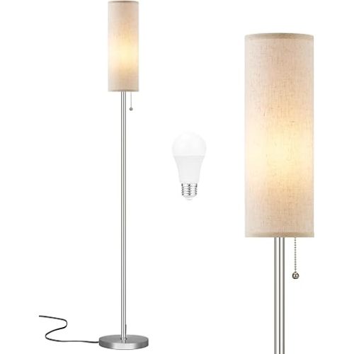 Ambimall Floor Lamp for Living Room with 3 Color Temperatures Bulb, 64" Standing lamp with Linen lampshade for Bedroom, Minimalist Pole Lamp, Beige Shade & Silver Pole