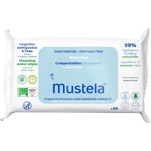 Mustela Baby Home Compostable Cleansing Wipes - For Face, Body & Diaper Area - 99% ingredients of natural origin & plant-based fibers - For all skin types - Fragrance Free Version & Various Sizes