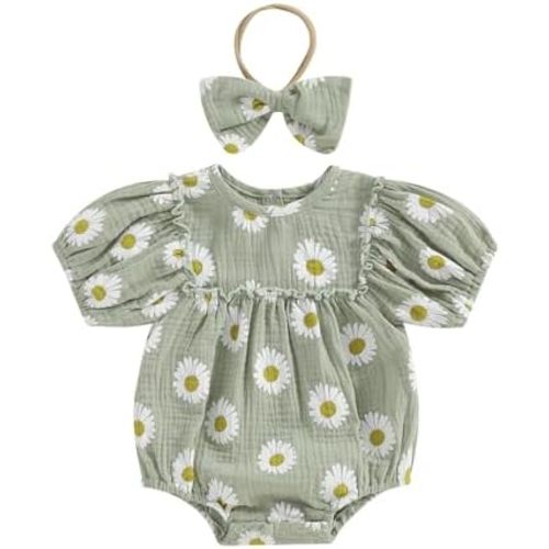 Baby Girl Rompers Daisy Print Short Sleeve Infant Bodysuit Summer Newborn Girl Linen Cotton Jumpsuit Clothes Headband