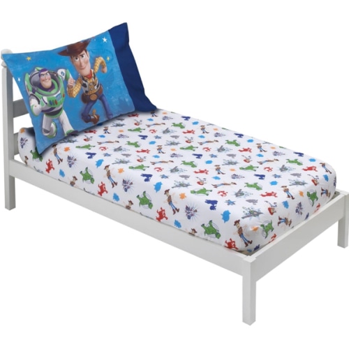 Disney Toy Story 4 - Blue, Green, Red & White 2 Pack Toddler Fitted Crib Sheet & Standard Size Pillowcase Set, Blue, Green, Red, White