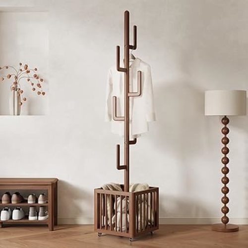 Solid Wood Cactus Coat Rack, Freestanding Coat Rack with 6 L-Shaped Hooks and Storage Basket, for Coats, Hats, Handbags, Coat Tree for Entryway, Bedroom, Living Room, Walnut