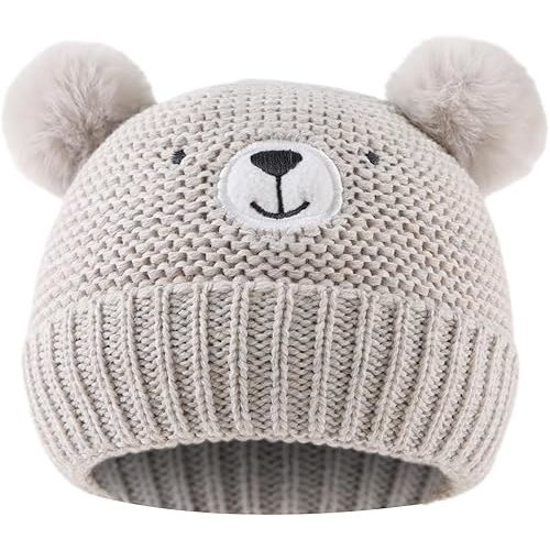 JANGANNSA Cute Bear Baby Beanie Pompom Baby Boys Hat Infant Toddler Winter Knitted Beanies for Girls