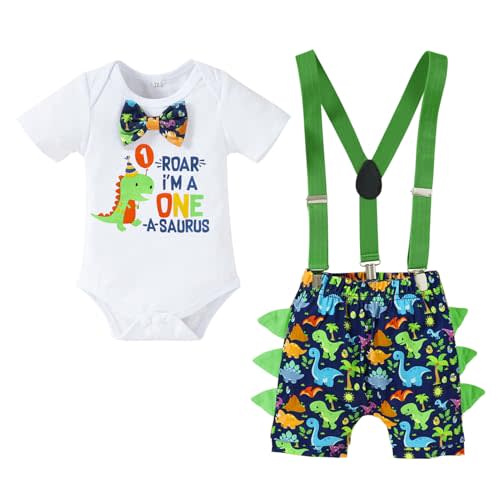 Baby Boys 1st Birthday Cake Smash Outfit Short Sleeve Bodysuit Bloomers Adjustable Y Back Suspenders Clothes Set