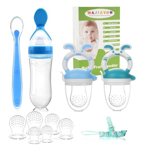 WAJIAYON Baby Fruit Feeder Pacifier - 5 Pack | 2 Baby Fruit Food Feeder Pacifier & 1 Baby Food Dispensing Spoon | Fresh Fruit Teethers for Babies | Silicone Feeder Baby,Mesh Baby Feeder (Blue & Navy)