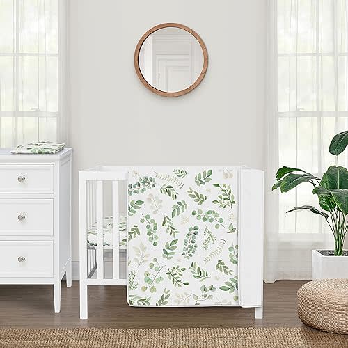 Sweet Jojo Designs Green Boho Floral Leaf Baby Boy Girl Mini Crib Bedding Set Infant Nursery Room Newborn Blanket Portable Pack n Play Sheets Sage Bohemian Gender Neutral Watercolor Botanical 3pc