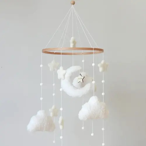 Boho Cloud Moon Crib Mobile Boho Baby Mobile for Crib Neutral Clouds, Moon & Stars Design Nursery Mobile for Boys & Girls