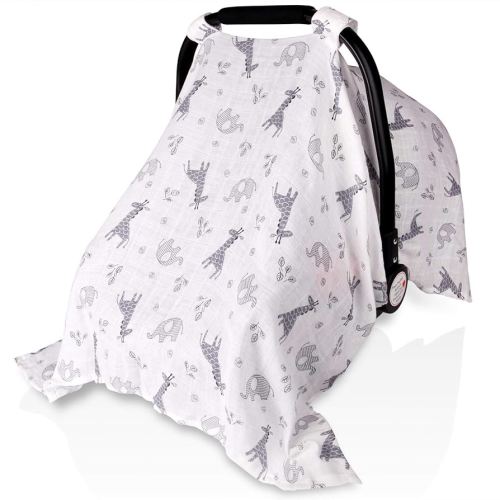 Baby Car Seat Covers for Boys Girls, Metplus Muslin Infant Carseat Canopy, Lightweight Breathable Newborn Carrier Canopies Stroller Cover, Universal Fit Large Size 47.2 x 35.4 inch, Elephant Giraffe