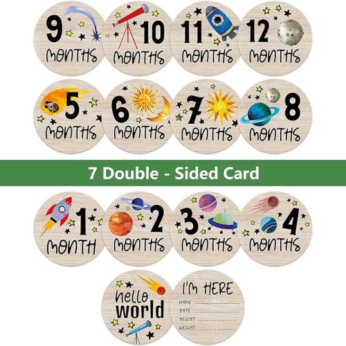 Baby Monthly Milestone Circles, Astronaut Space Stuff Wooden Discs for Baby Photo Takens with Hello World Signs - 7 Pcs Double Sides Round Circles Signs for Documenting Growth - Color A - One Size