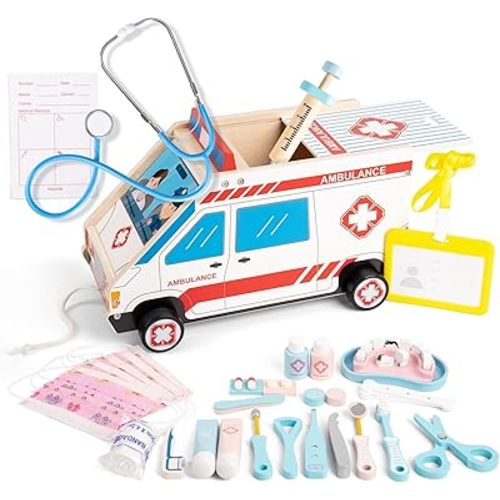 Doctor Kit for Toddlers 3-5, 44 Pcs Wooden Kids Doctor Playset with Storage Car, Real Stethoscope and Other Accessories, for Toddlers Boys and Girls Fun Role Playing Game