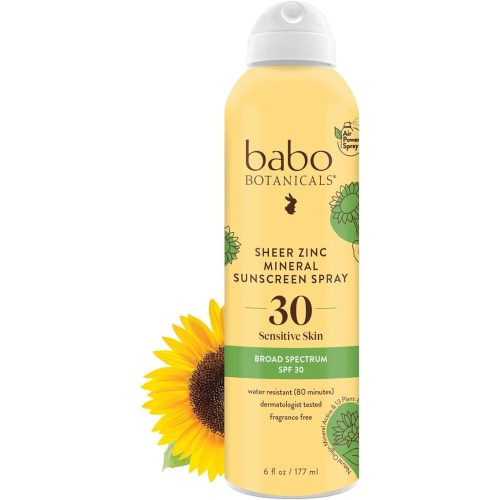 Babo Botanicals Sheer Zinc Continuous Sunscreen Spray SPF30 - Natural Zinc Oxide - Extra Sensitive Skin - Water Resistant - Vegan - Fragrance-Free - Air-Powered Spray - For all ages