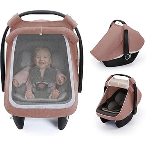 Blissful Diary Baby Car Seat Cover, Extra Large Mesh Window, Breathable Muslin Cotton, Infant Windproof Canopy-Dusty Pink