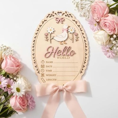 Baby Announcement Sign with Stand and Pen, Double Sided Hello World and She’s Here Newborn Sign, Wooden Hello World Birth Name Plaque for Nursery Decor, Newborn Gift (Oval)