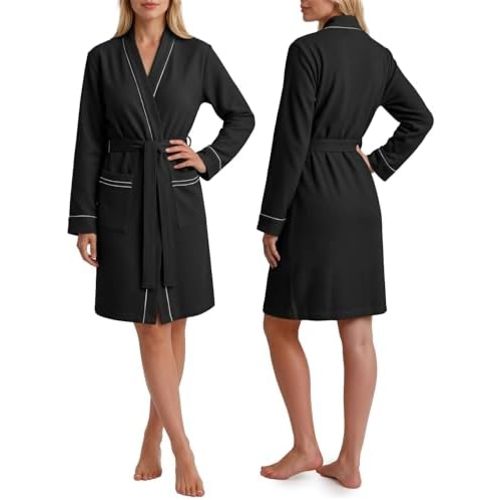 Cotton Blend Lightweight Waffle Robe for Women Knee-Length Soft Bathrobe