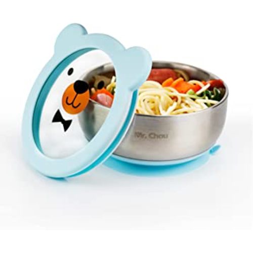 Baby Bowls with Non-Slip Silicone Suction Cup, Insulated Double-Layer 304 Stainless Steel Toddler Bowls with BPA Free Airtight Lids, Food-Grade Silicone Safe for Kids (Blue)