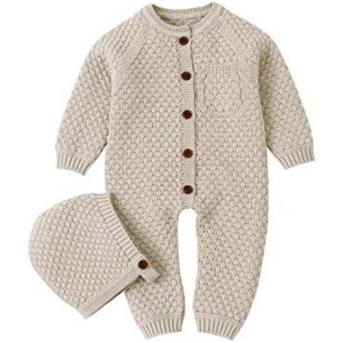 mimixiong Cotton Baby Romper Newborn Baby Knitted Clothes Longsleeve Sweater Outfit for Boy and Girls with Warm Hat Set