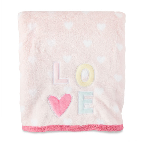 Parent's Choice Pink & White Love Appliqued Plush Baby Blanket, Infant Girl, 30" x 40"