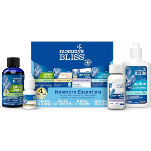 Mommy's Bliss 4-Piece Newborn and Baby Essentials Kit - With Gripe Water, Gas Relief Drops, Vitamin D 400IU, and Saline Drops/Spray - The Perfect Baby Gift.
