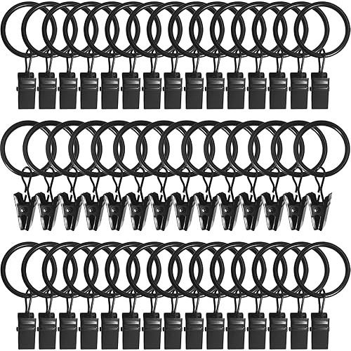 44 Pack Metal Curtain Rings with Clips, Drapery Clips with Rings, Drapes Rings 1 in I D, Fits Diameter 6/8 in Curtain Rod, Black