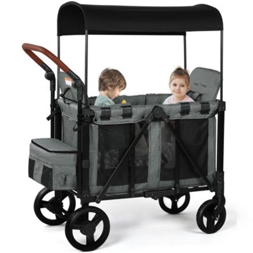 Vomeast Wagon Stroller for 2 Kids, 3-in-1 Wagon Stroller with Canopy, Adjustable Handlebars, Removable Seat for Toddlers, Grey