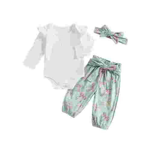aturustex Toddler Girls 3PCS Pants Outfits 0 3M 6M 12M 18M Infant Baby Long Sleeve Bodysuits O Neck Romper Solid Ribbed Jumpsuits Bow Print Pants Headashion Loose Casual Daily Floral Clothes