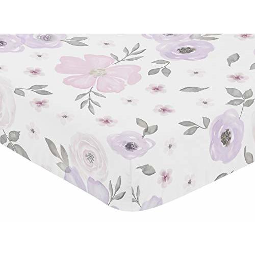 Sweet Jojo Designs Lavender Purple, Pink, Grey and White Baby or Toddler Fitted Crib Sheet for Watercolor Floral Collection - Rose Flower