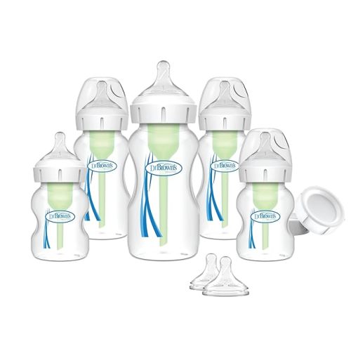 Dr. Brown's Natural Flow Anti-Colic Options+ Juego de alimentación de biberón de cuello ancho para recién nacidos con tapas de viaje para biberón