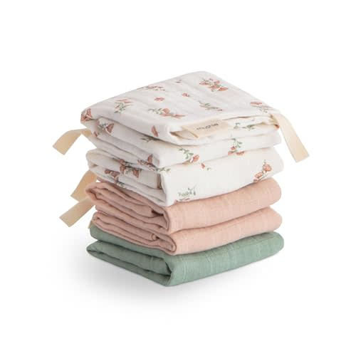 mushie Muslin Organic Cotton Washcloths 5-Pack (Pink Flowers Combo) | Soft Wipes for Baby Cleanups and Bathing