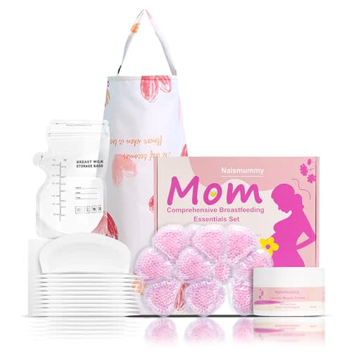 Breastfeeding Essentials Kit for Nursing Moms - Pads, Cover, Nipple Cream 50g, Breastmilk Storage Bag, Hot and Cold Breast Therapy Packs, 55 Piece Gift Set