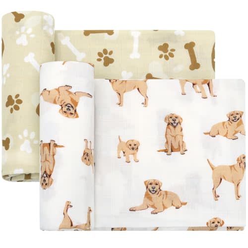 LifeTree Baby Swaddle Blankets, Boys Girls Muslin Swaddling Wrap Receiving Blanket for Newborn, 70% Viscose Bamboo and 30% Cotton, Large 47" x 47", Labrador and Bone