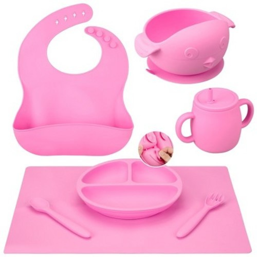 WhizMax Silicone Baby Feeding Set, 7 Pcs Baby Led Weaning Supplies Self Feeding Utensils,Bib Spoon Bowl Placemat, Color: Pink